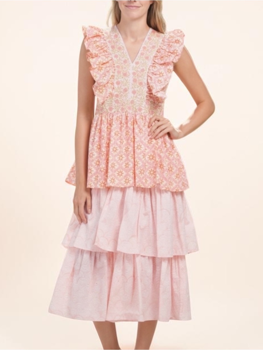 New! MAREA LIZ JOY Fiesta Tiered Cotton Midi Dress Size Medium